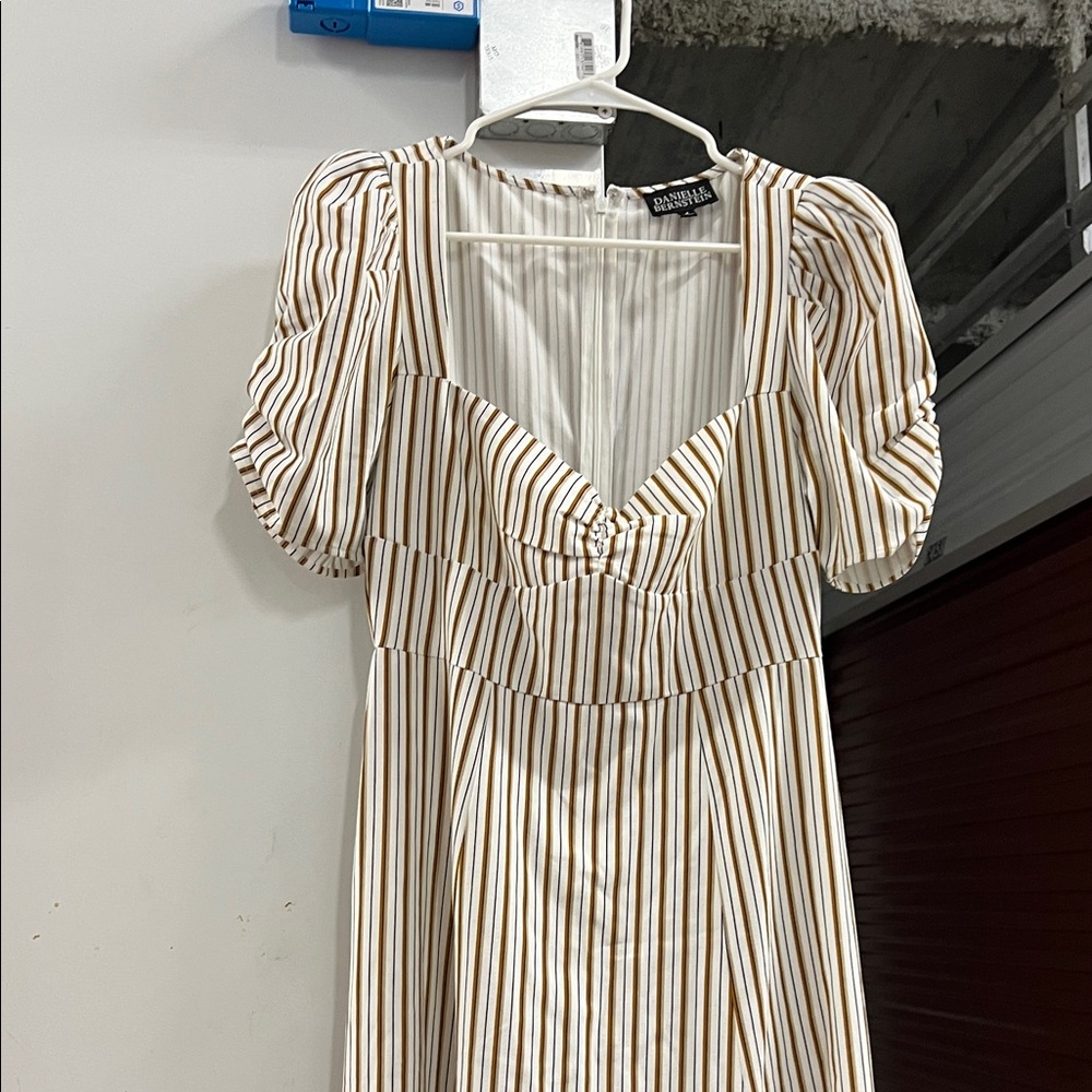 DANIELLE BERNSTEIN Beige and White Striped Midi Dress